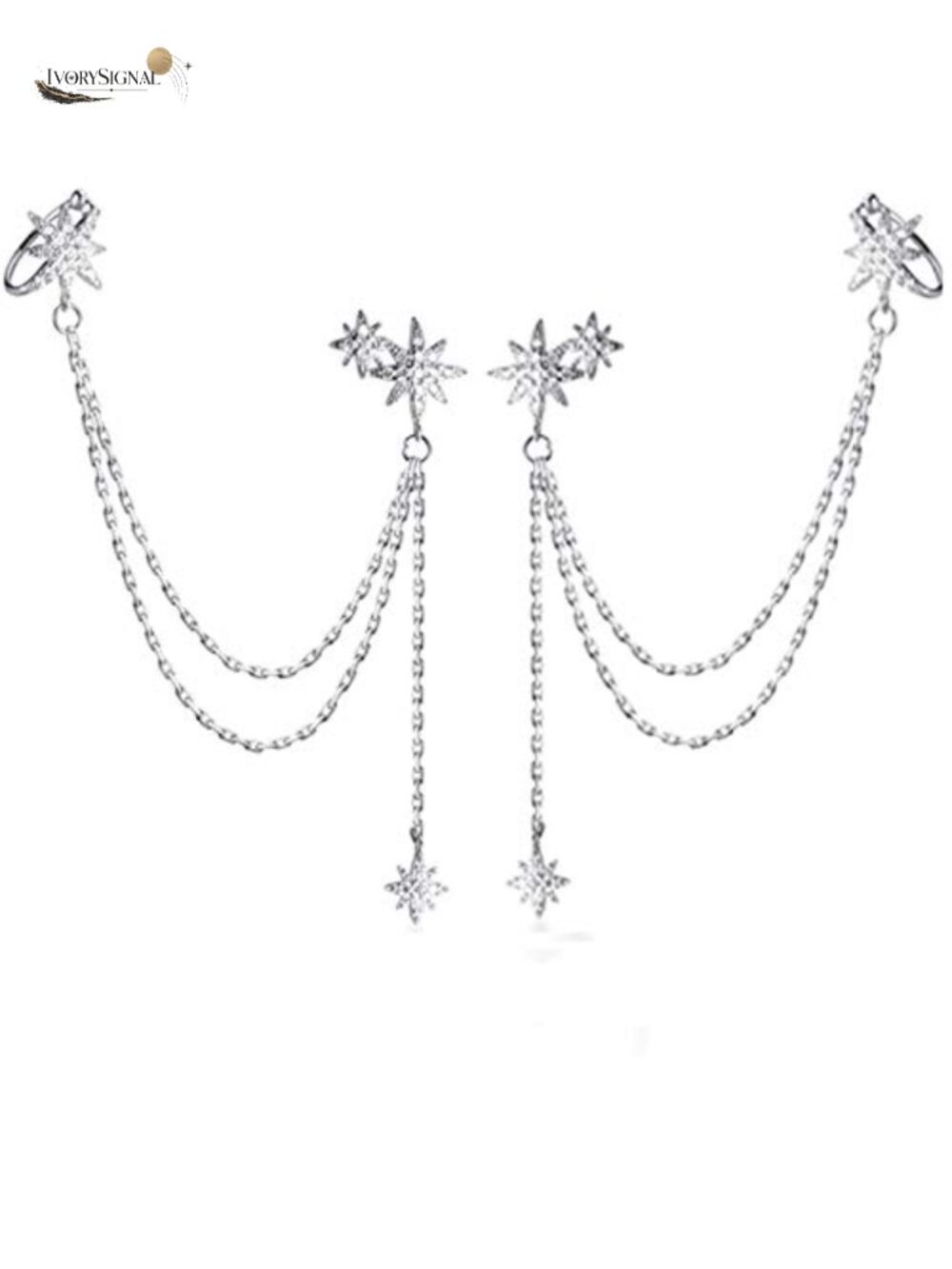 925 Sterling Silver Star Cuff Earrings Chain Wrap Earrings for Women